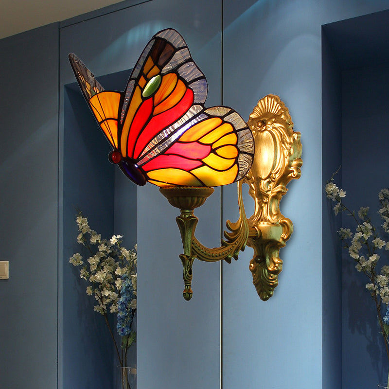 BowLift | Brass Finish Butterfly Wall Lighting Fixture Lodge Stained Glass 1-Bulb Wall Lighting in Red/Blue