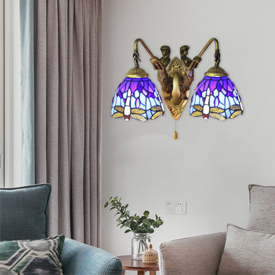 BowLift | Blue Glass Dragonfly Wall Lamp Tiffany 2 Heads Brass Wall Lamp with/without Pull Chain