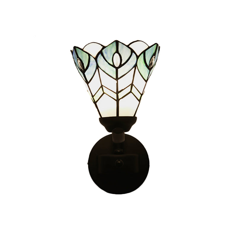 BowLift | Blue Scalloped Wall Mount Fixture with Curved/Arch Arm Tiffany Style Faceted Glass 1 Light Wall Mount Fixture for Bedroom