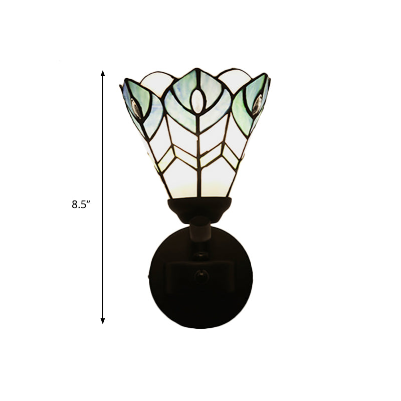 BowLift | Blue Scalloped Wall Mount Fixture with Curved/Arch Arm Tiffany Style Faceted Glass 1 Light Wall Mount Fixture for Bedroom