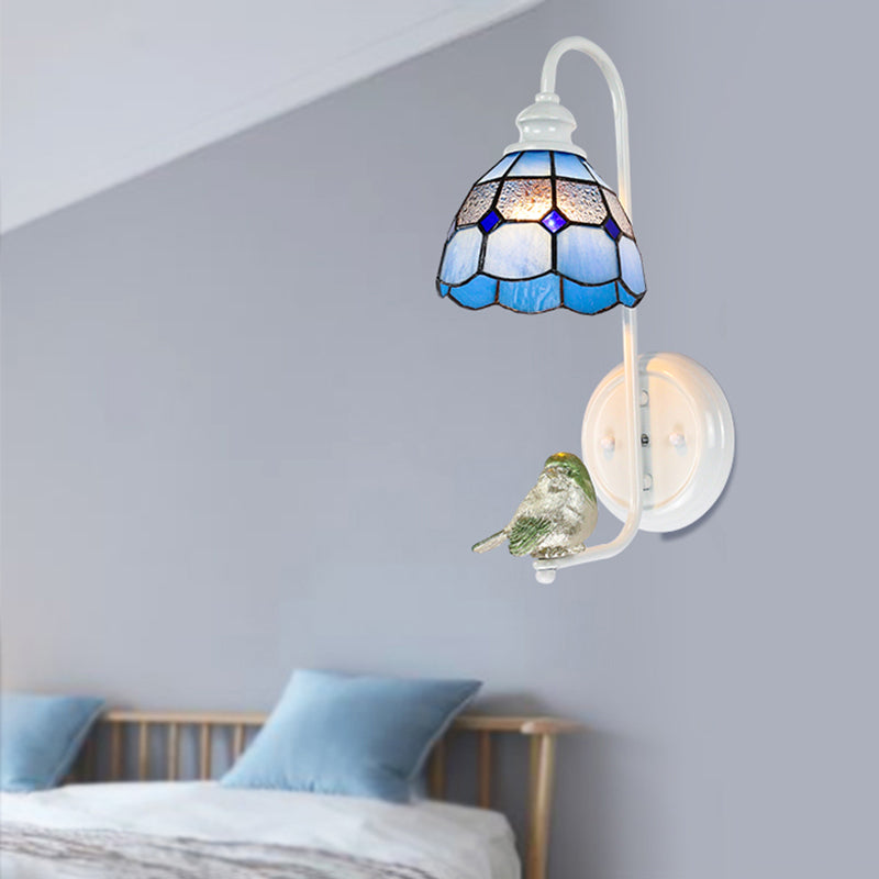 BowLift | 1 Head Bedroom Wall Light Mediterranean Blue-White/Beige/Blue-Clear Wall Lamp with Cone/Dome Stained Glass Shade