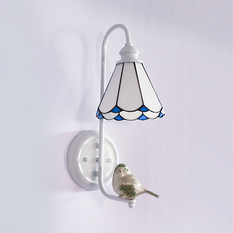 BowLift | 1 Head Bedroom Wall Light Mediterranean Blue-White/Beige/Blue-Clear Wall Lamp with Cone/Dome Stained Glass Shade