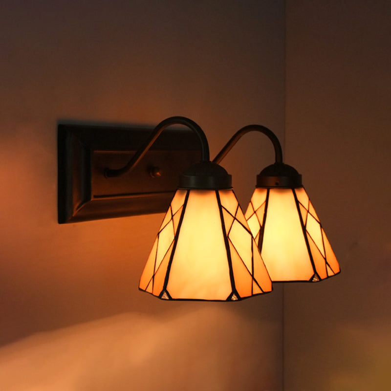 BowLift | Cone Beige Glass Wall Light Tiffany 2 Heads Black Wall Mounted Light for Living Room