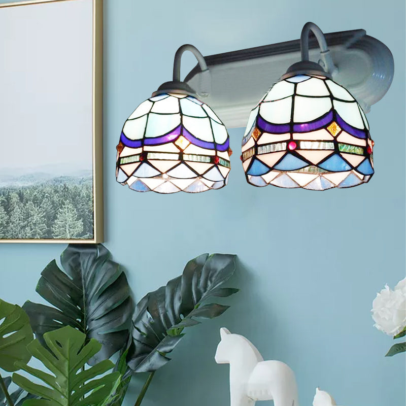 BowLift | Baroque Wall Lighting with Bowl Shade made of Stained Glass 2 Heads Wall Lamp in Blue for Living Room