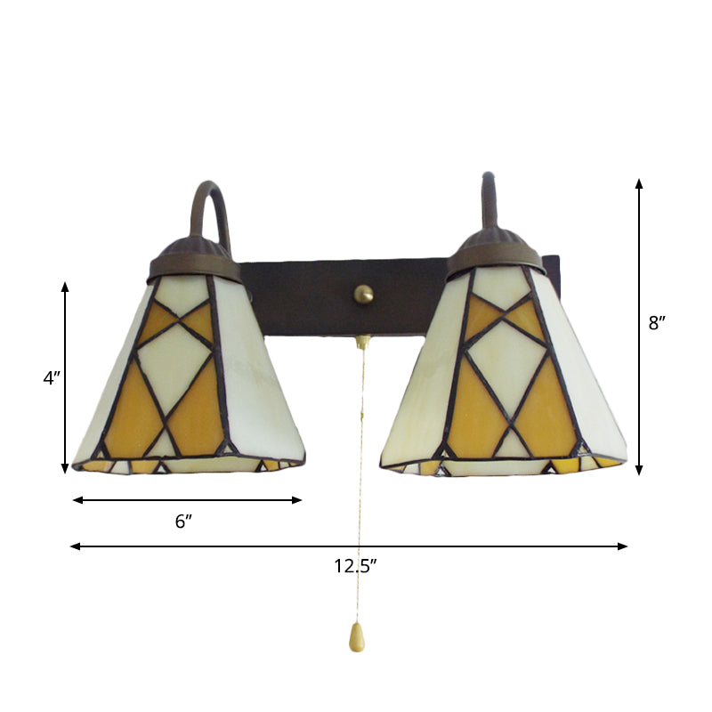 BowLift | Conical Stained Glass Wall Light Fixture Tiffany 2 Heads Blue/Orange Wall Lamp with Pull Chain