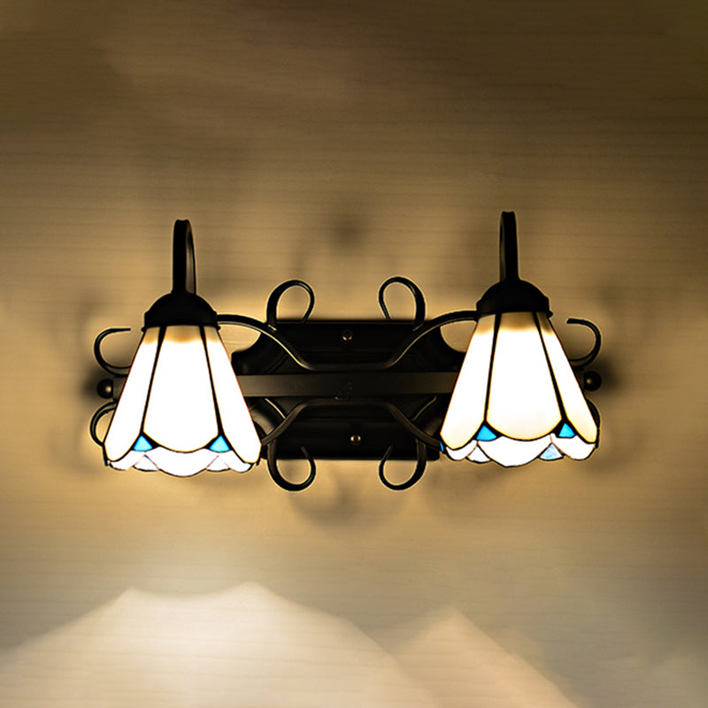 BowLift | White Glass Conical Wall Lamp Vintage Style 2 Lights Bedroom Wall Lighting in Black for Entrance