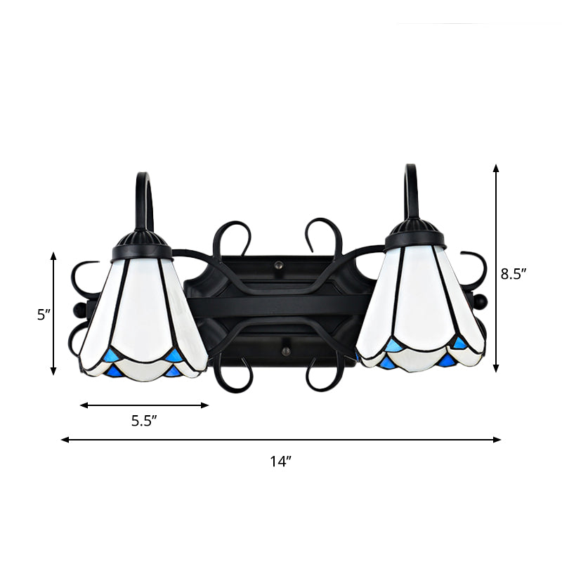 BowLift | White Glass Conical Wall Lamp Vintage Style 2 Lights Bedroom Wall Lighting in Black for Entrance