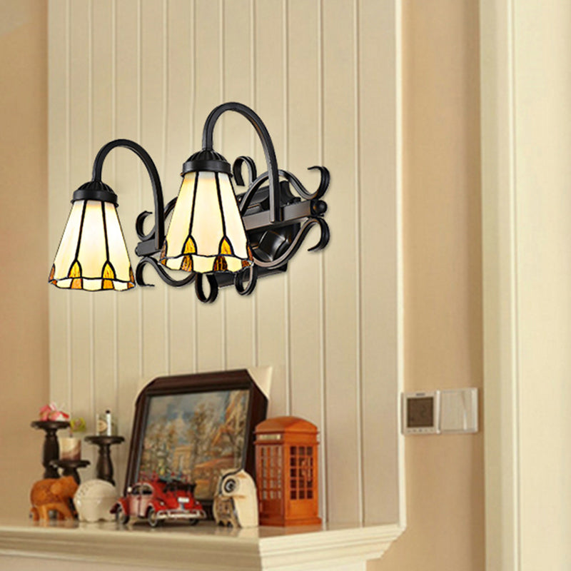 BowLift | Vintage Retro Cone Sconce Light with Goose Neck Stained Glass 2 Heads Wall Light in Beige for Bedroom