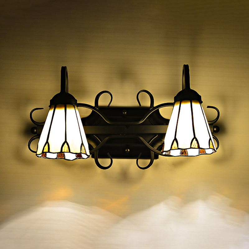 BowLift | Vintage Retro Cone Sconce Light with Goose Neck Stained Glass 2 Heads Wall Light in Beige for Bedroom