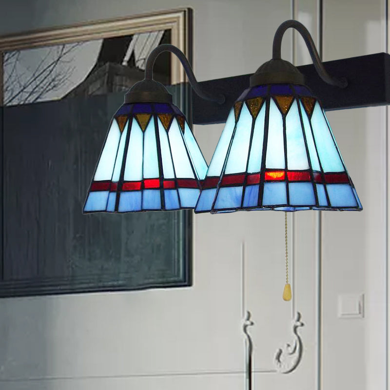 BowLift | Mediterranean Cone Wall Lamp 2 Heads Blue Glass Wall Mount Light with Pull Switch