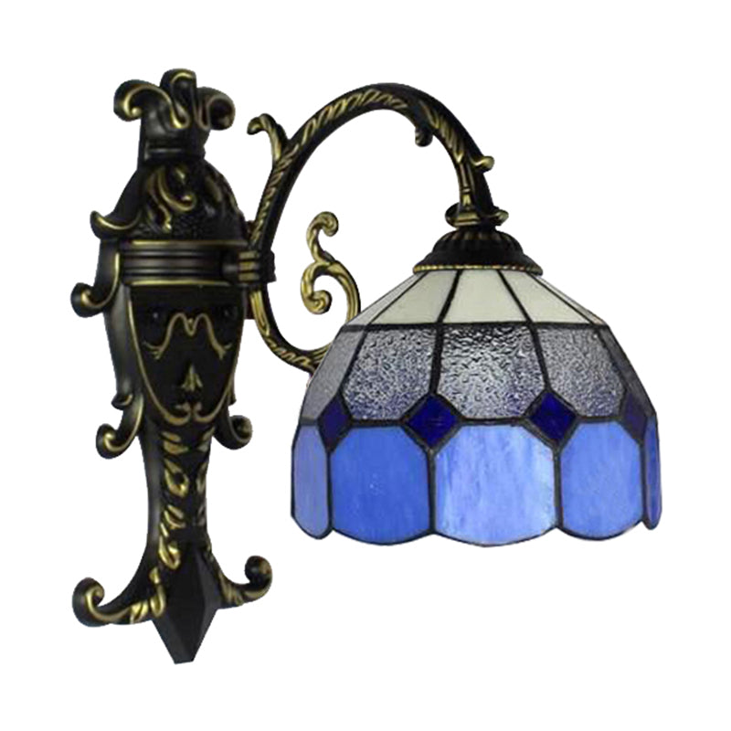 BowLift | 1 Light Grid Dome Wall Sconce Tiffany Vintage Glass Wall Lamp in Blue for Dining Room