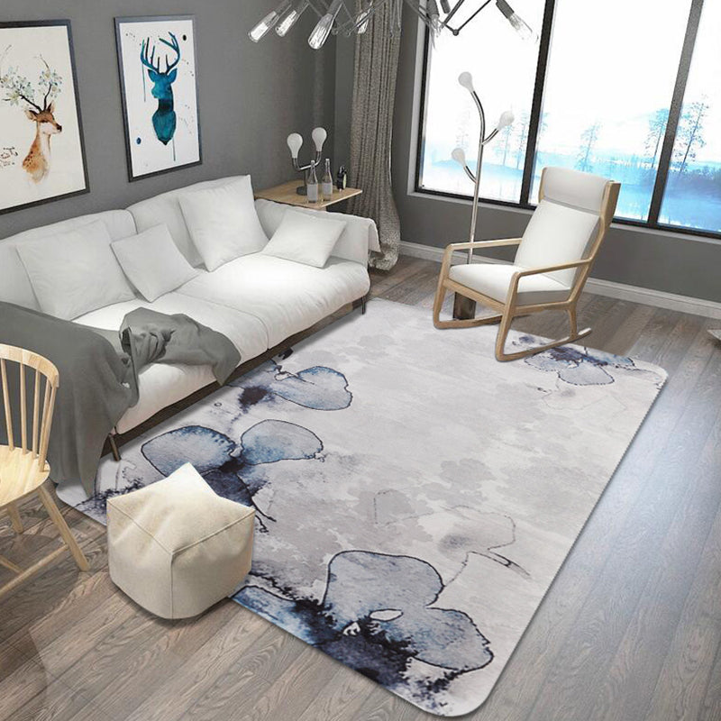 BowLift | Stylish Leaf Pattern Carpet Blue and Gray Oriental Carpet Polyester Machine Washable Non-Slip Carpet for Living Room