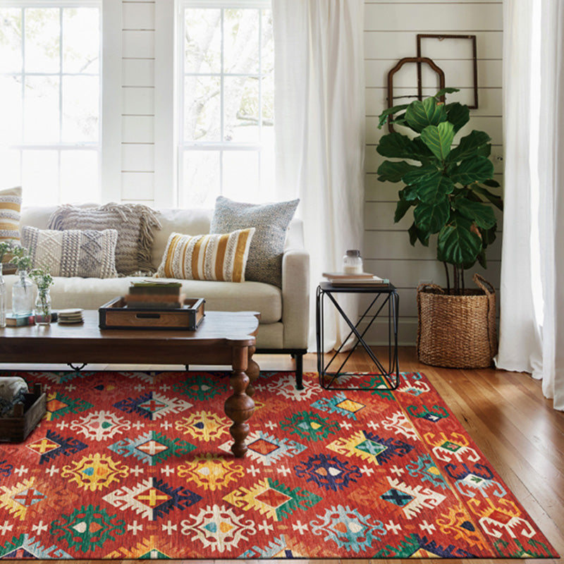 BowLift | Stylish geometric pattern rug with flowers white and red Moroccan rug polyester pet-friendly non-slip back washable area rug for living room