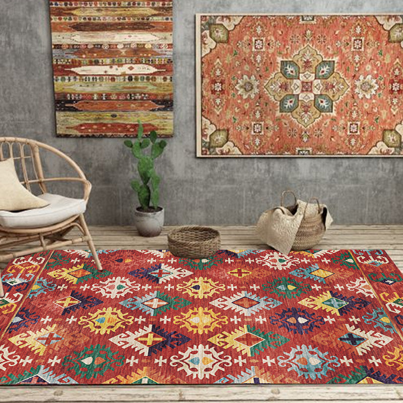 BowLift | Stylish geometric pattern rug with flowers white and red Moroccan rug polyester pet-friendly non-slip back washable area rug for living room