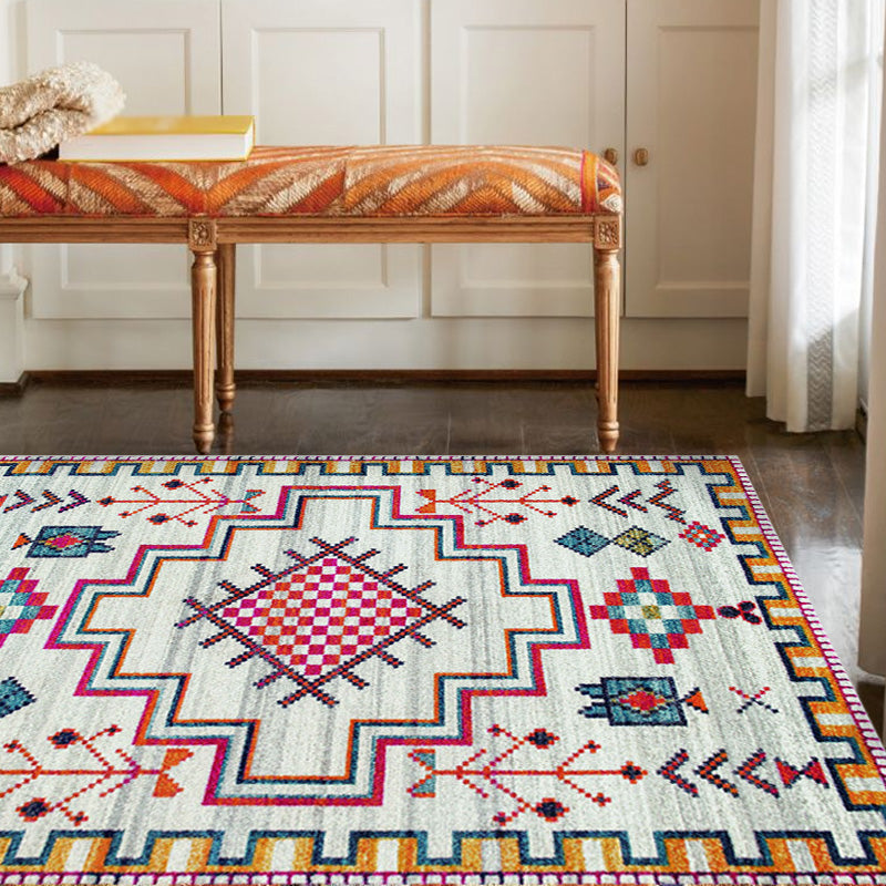 BowLift | Stylish geometric pattern rug with flowers white and red Moroccan rug polyester pet-friendly non-slip back washable area rug for living room
