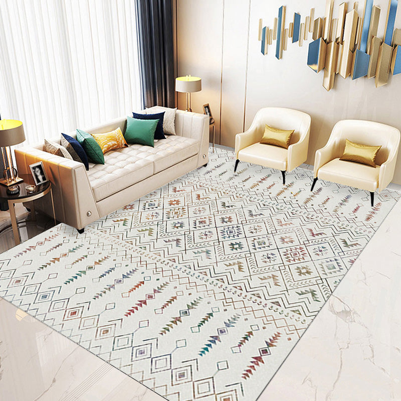 BowLift | Stylish geometric pattern rug with flowers white and red Moroccan rug polyester pet-friendly non-slip back washable area rug for living room