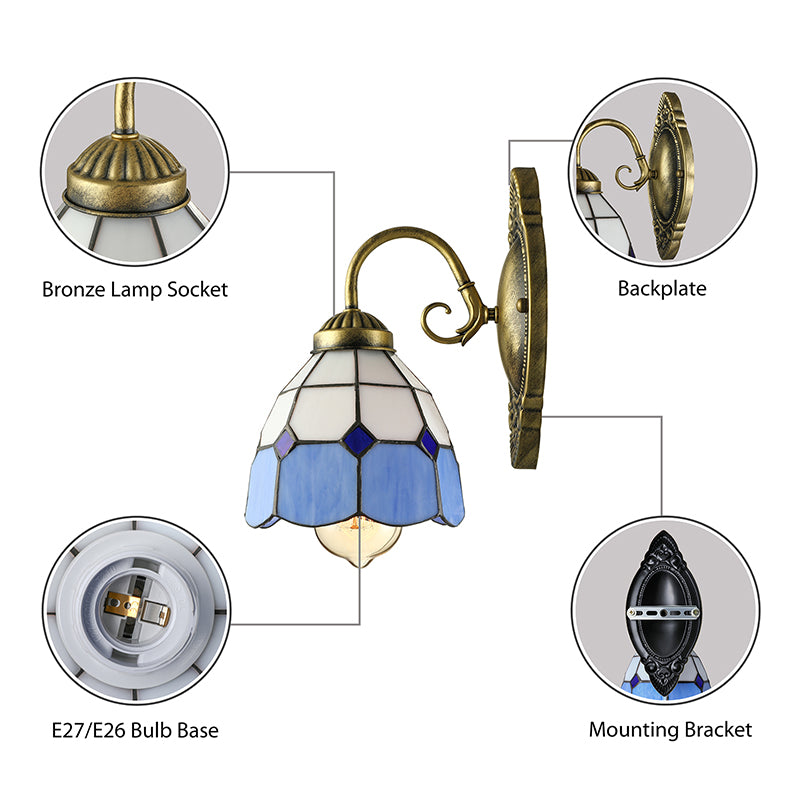 BowLift | Vintage Style Grid Dome Wall Light 1 Bulb Art Glass Wall Light with Curved Arm in Blue for Bathroom
