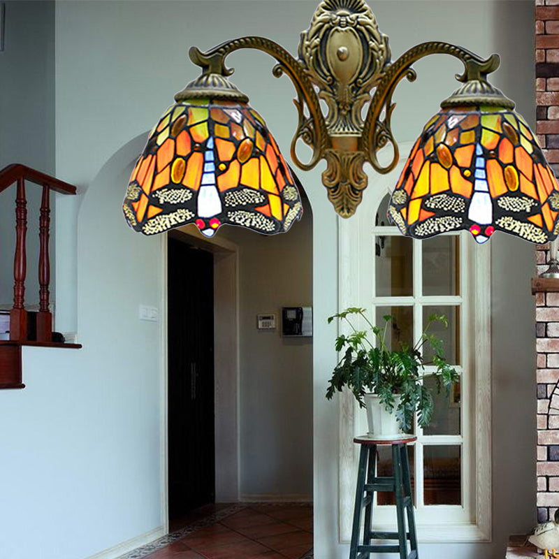 BowLift | Tiffany Rustic Dragonfly Wall Lamp Stained Glass 2 Lamps Orange Wall Lamp for Coffee House