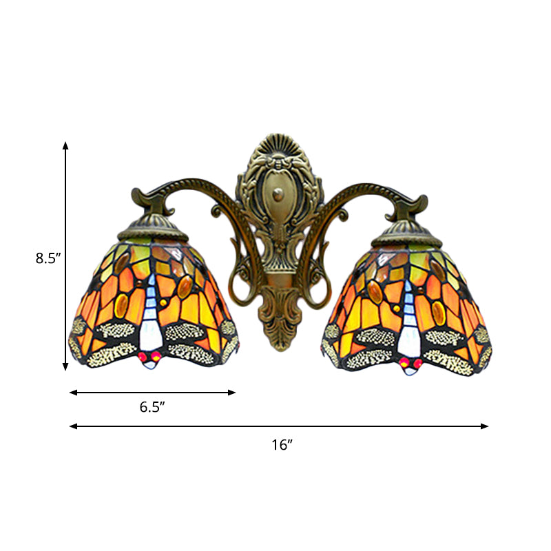 BowLift | Tiffany Rustic Dragonfly Wall Lamp Stained Glass 2 Lamps Orange Wall Lamp for Coffee House