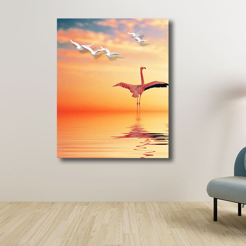 BowLift | Tropical Flamingo and Seagull Canvas Orange Decorative Art Print for Living Room