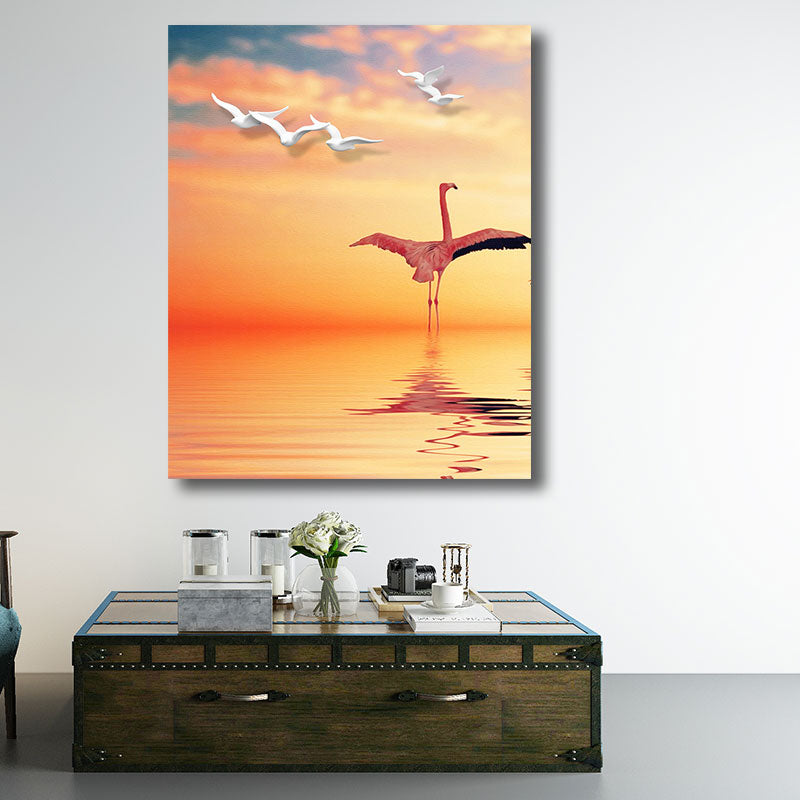 BowLift | Tropical Flamingo and Seagull Canvas Orange Decorative Art Print for Living Room
