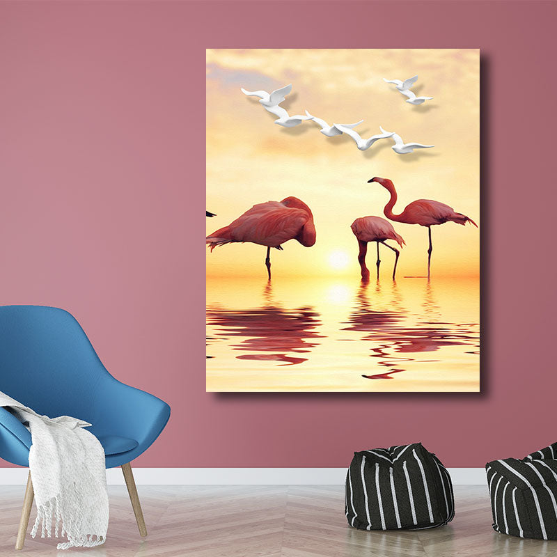 BowLift | Tropical Flamingo and Seagull Canvas Orange Decorative Art Print for Living Room