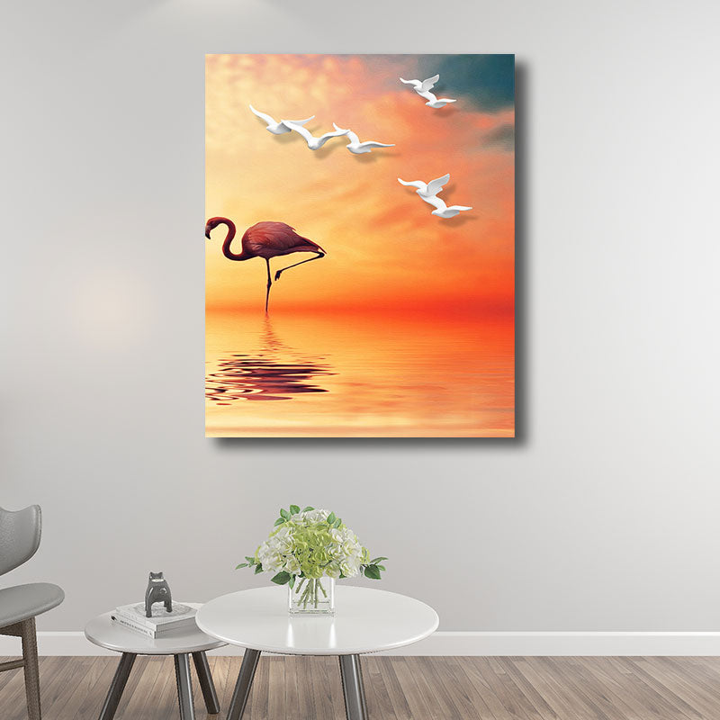 BowLift | Tropical Flamingo and Seagull Canvas Orange Decorative Art Print for Living Room