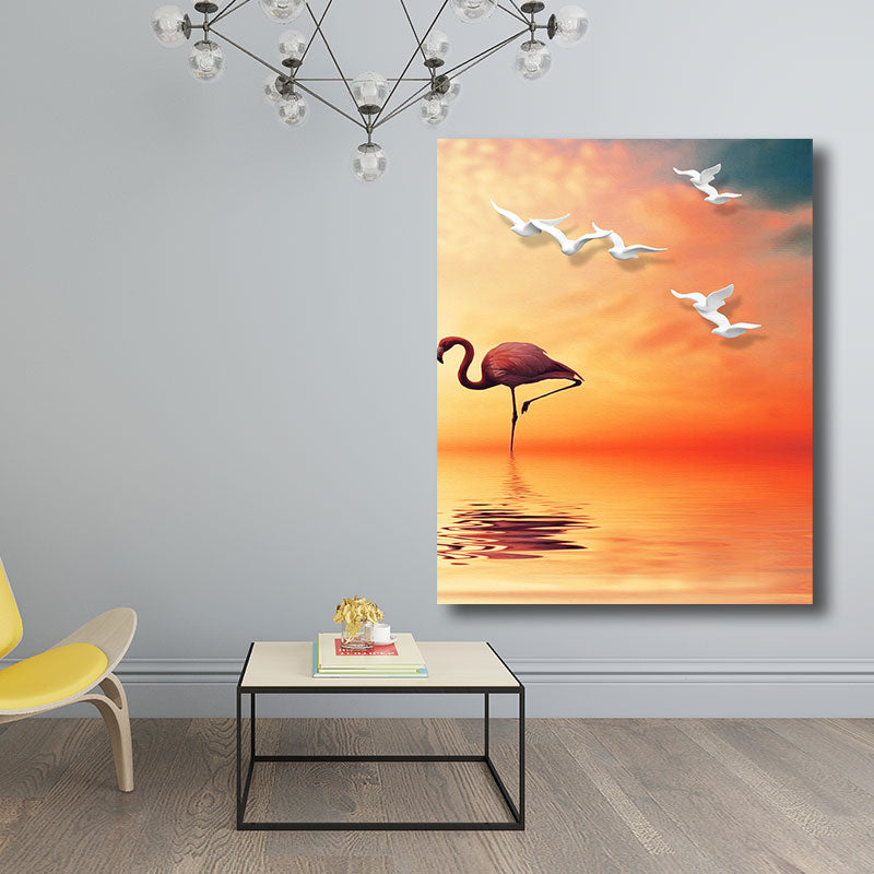 BowLift | Tropical Flamingo and Seagull Canvas Orange Decorative Art Print for Living Room