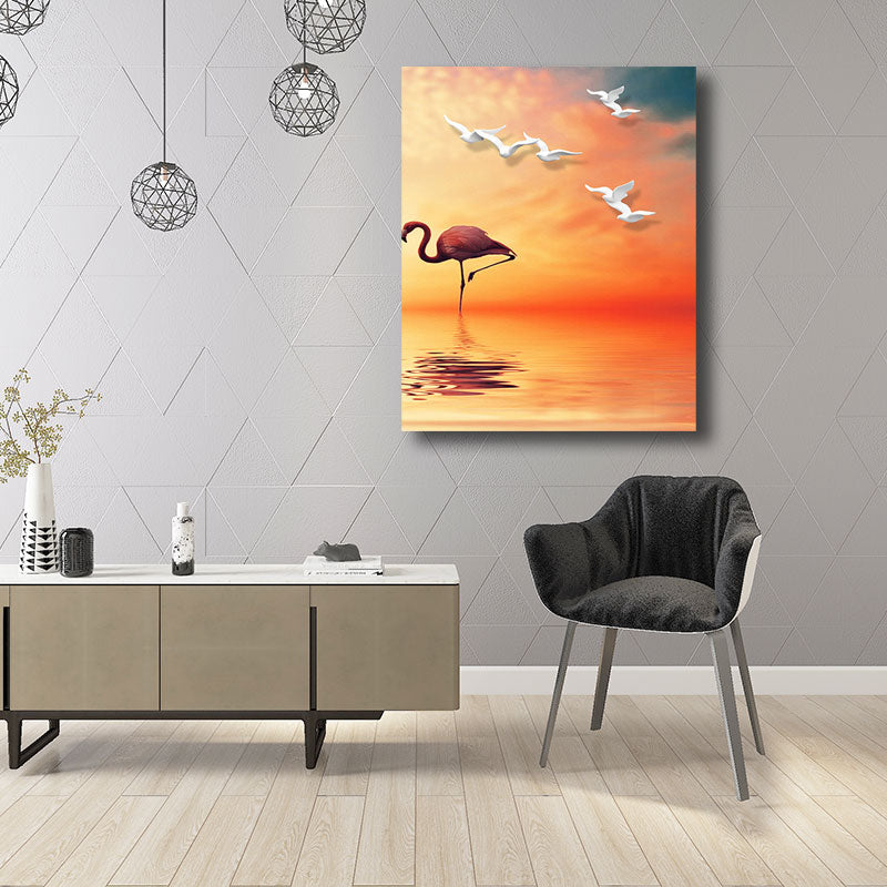 BowLift | Tropical Flamingo and Seagull Canvas Orange Decorative Art Print for Living Room