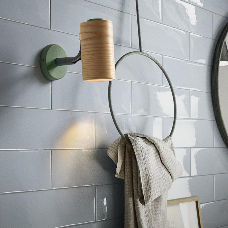 BowLift | Cylindrical Wood Wall-Mounted Light Minimalism 1 Light Yellow/Blue/Green Wall Light for Bathroom