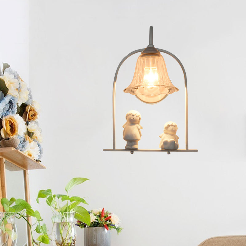 BowLift | White curved frame pendant light Nordic 1 head iron pendant lights with flower glass shade and resin angel decor