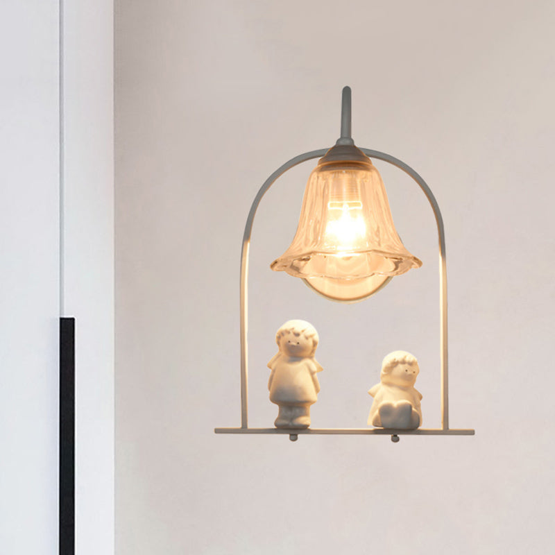 BowLift | White curved frame pendant light Nordic 1 head iron pendant lights with flower glass shade and resin angel decor