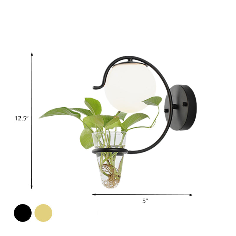 BowLift | Cream/Smoke Gray Glass Orb Wall Lamp Vintage 1-Light Bedroom Wall Lamp in Black/Gold with C-Shaped Arm and Plant Pot
