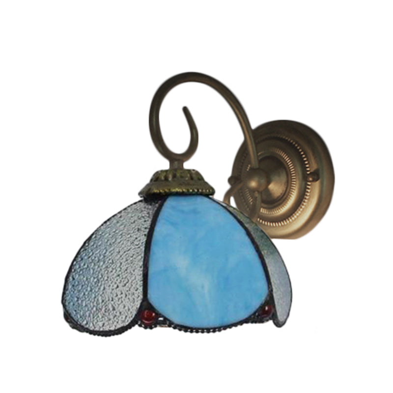 BowLift | Tiffany Flower-shaped Wall Lamp with Curved Arm 1 Light Glass Wall Lamp in Blue for the Home Office