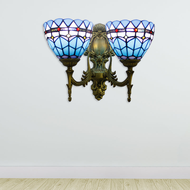 BowLift | Baroque Bowl Wall Light Fixture Stained Glass 2 Heads Wall Lamp in Antique Brass for Living Room