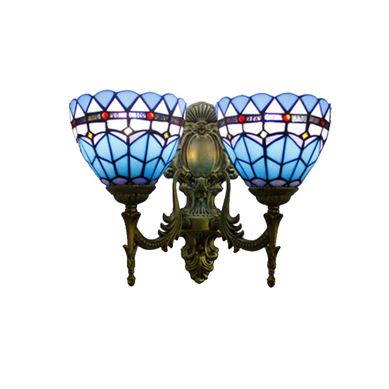 BowLift | Baroque Bowl Wall Light Fixture Stained Glass 2 Heads Wall Lamp in Antique Brass for Living Room