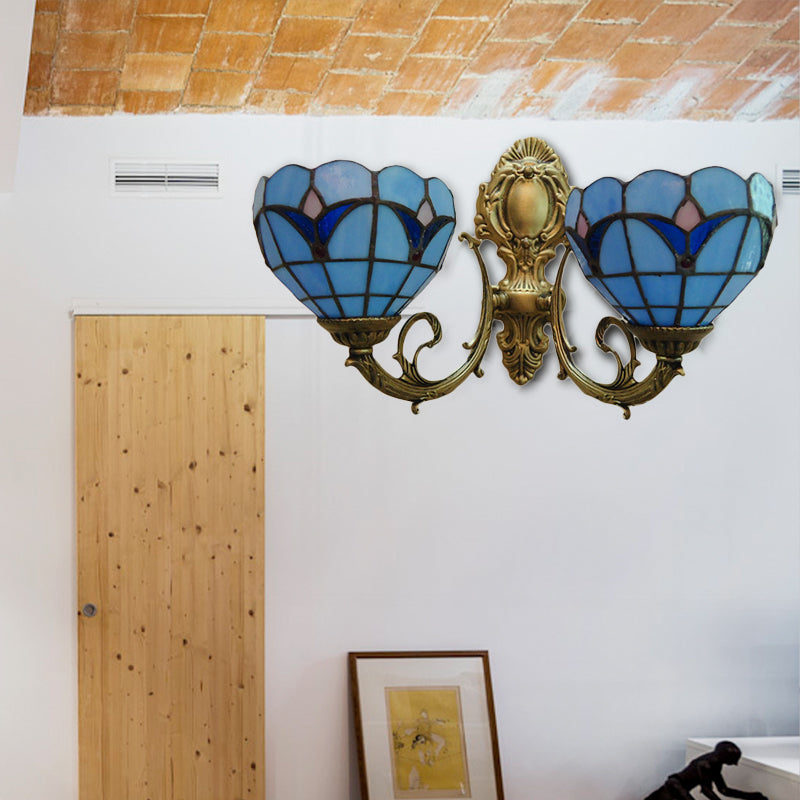 BowLift | Stained glass bowl wall lamp study 2 lights Tiffany traditional wall lamp in blue/clear