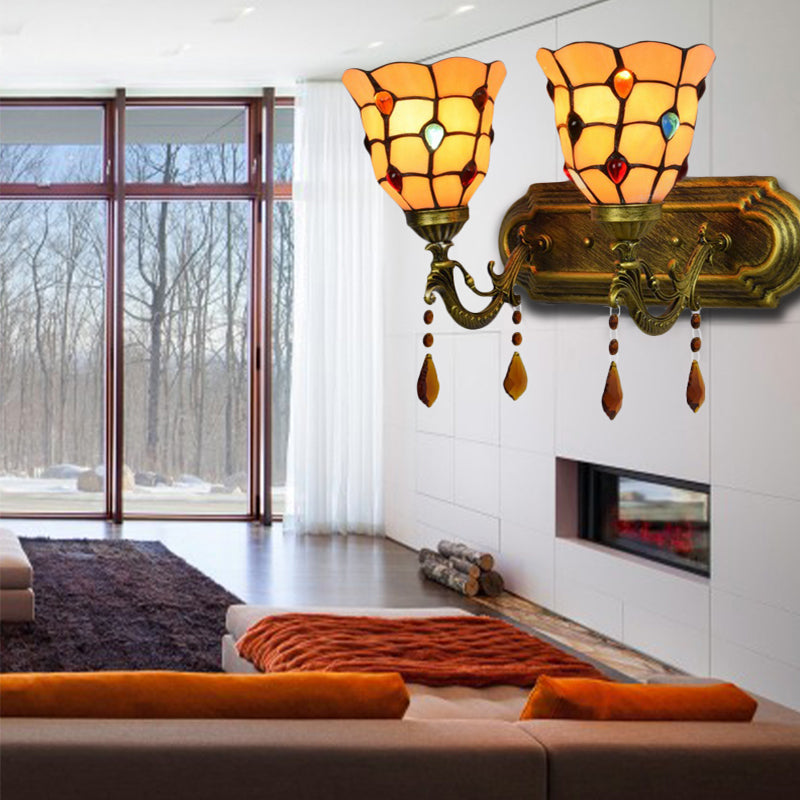 BowLift | Art Glass Bowl Wall Lamp with Agate 2-Bulb Tiffany Vintage Wall Lamp in Beige/Brown/Blue/Blue-White for Dining Room