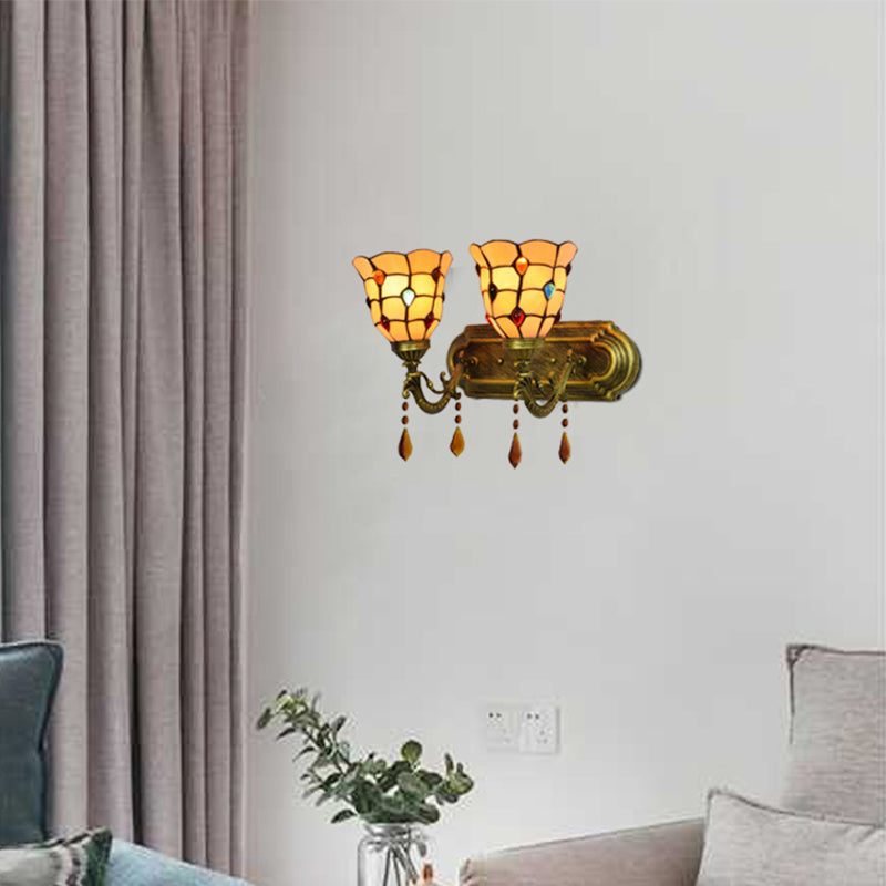 BowLift | Art Glass Bowl Wall Lamp with Agate 2-Bulb Tiffany Vintage Wall Lamp in Beige/Brown/Blue/Blue-White for Dining Room