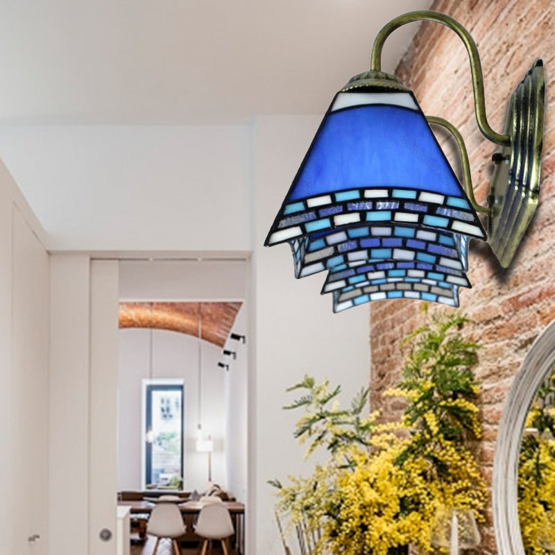 BowLift | Blue Glass Pyramid Wall Mounted Light Mediterranean 2 Heads Bronze Wall Light