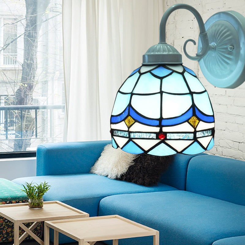 BowLift | Tiffany Arched Small Wall Light Stained Glass 1 Head Blue Wall Light in White Finish for Living Room