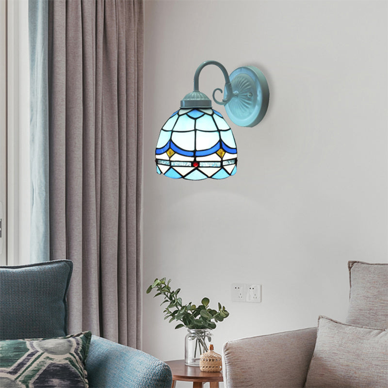 BowLift | Tiffany Arched Small Wall Light Stained Glass 1 Head Blue Wall Light in White Finish for Living Room