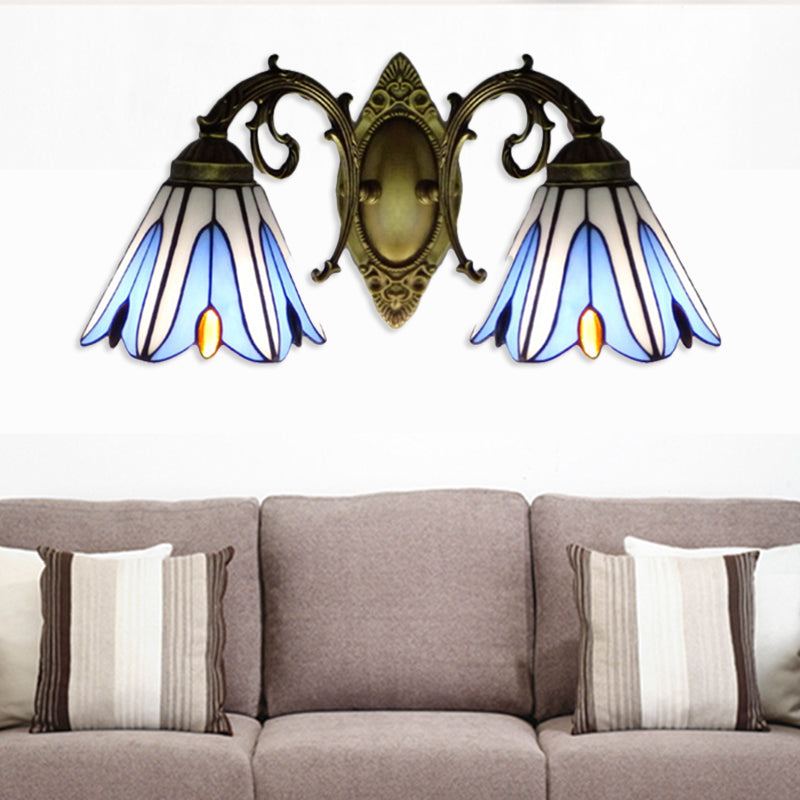 BowLift | Floral Wall Lamp Tiffany Style Stained Glass 2-Light Wall Light in Blue for Hallway
