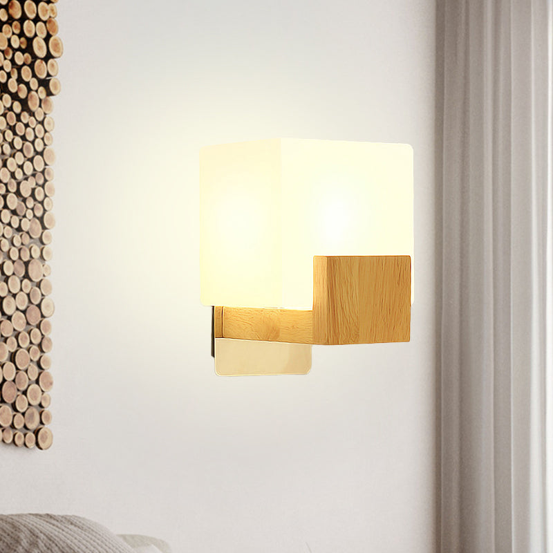 BowLift | Cube Wall Mount Light Fixture Minimalism Opal Glass 1 Main Color Beige Surface Wall Lamp with Wooden Detail