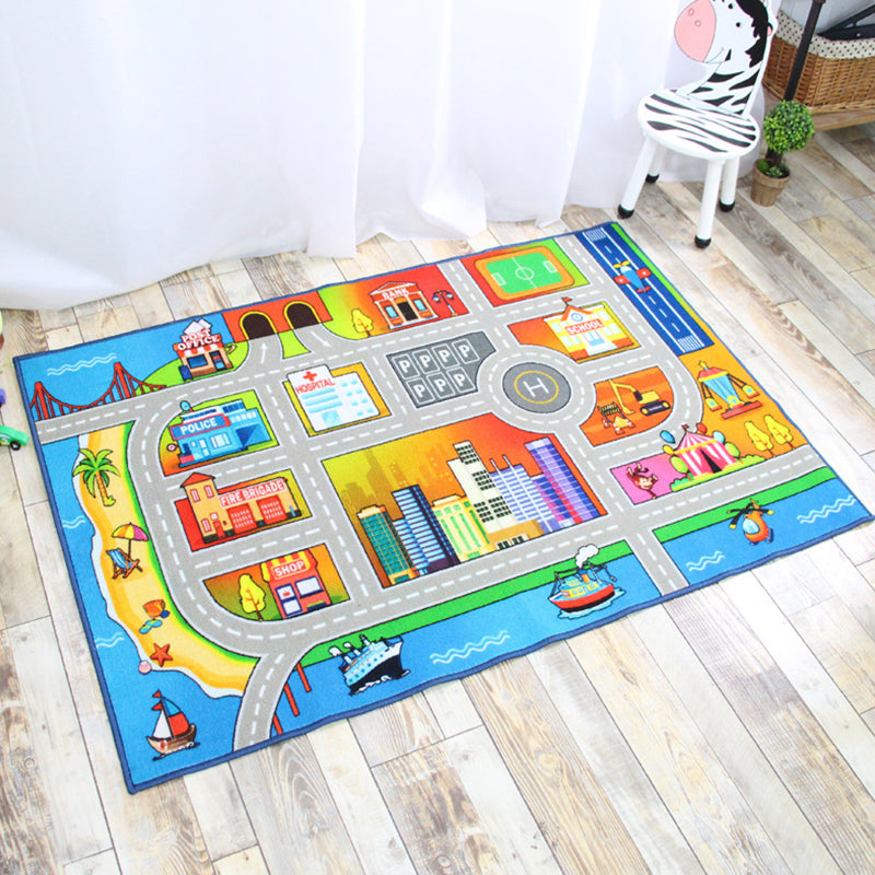 BowLift | Funky Road Pattern Rug with Buildings in Green and Grey Kids Rug Polyester Pet-Friendly Washable Non-Slip Rug for Decoration