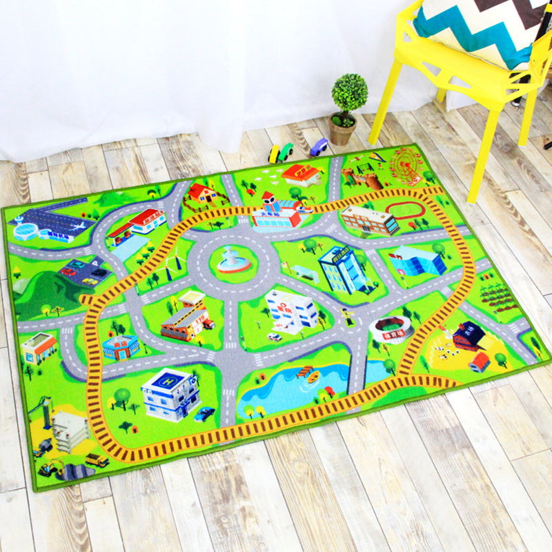 BowLift | Funky Road Pattern Rug with Buildings in Green and Grey Kids Rug Polyester Pet-Friendly Washable Non-Slip Rug for Decoration
