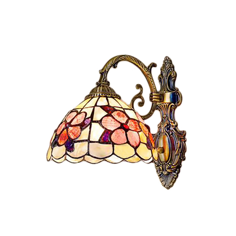 BowLift | Bowl-shaped Wall-mounted Light with Stained Glass 1-Light Wall Lighting with Floral Pattern in Antique Brass
