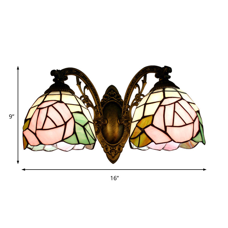 BowLift | Tiffany Style Wall Lamp Glass Painted 2 Lights Wall Lamp with Rose Pattern in Bronze Finish