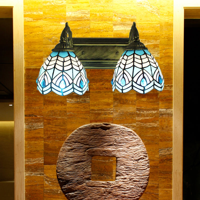 BowLift | Tiffany Style Dome Wall Lighting Illustrated Glass 2 Heads Decorative Wall Fixture Light in Blue