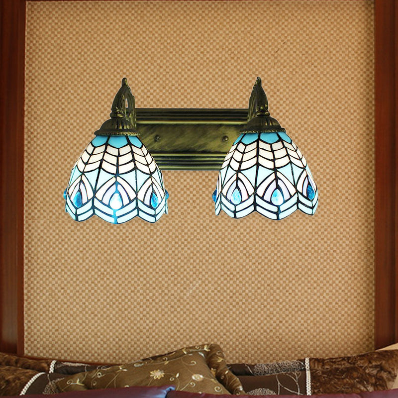 BowLift | Tiffany Style Dome Wall Lighting Illustrated Glass 2 Heads Decorative Wall Fixture Light in Blue